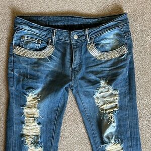 A7 jeweled Swarovski crystal distressed jeans